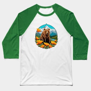 Bear In Mountain Landscape Surrounded By Orange California Poppies Baseball T-Shirt